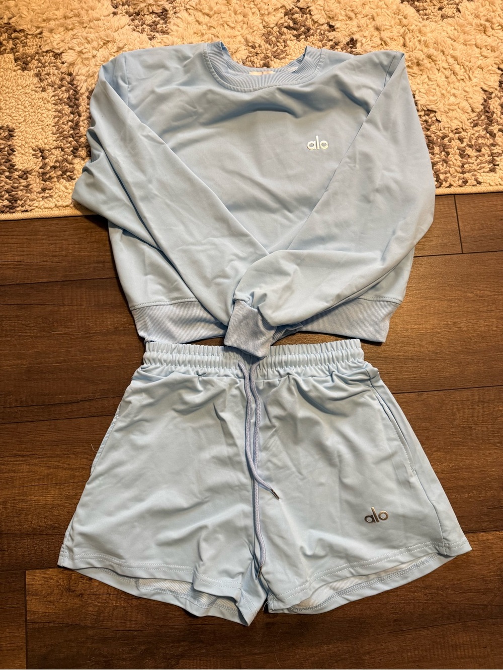 ALO Yoga Sky Blue Cropped Sweatshirt and Drawstring Shorts Set